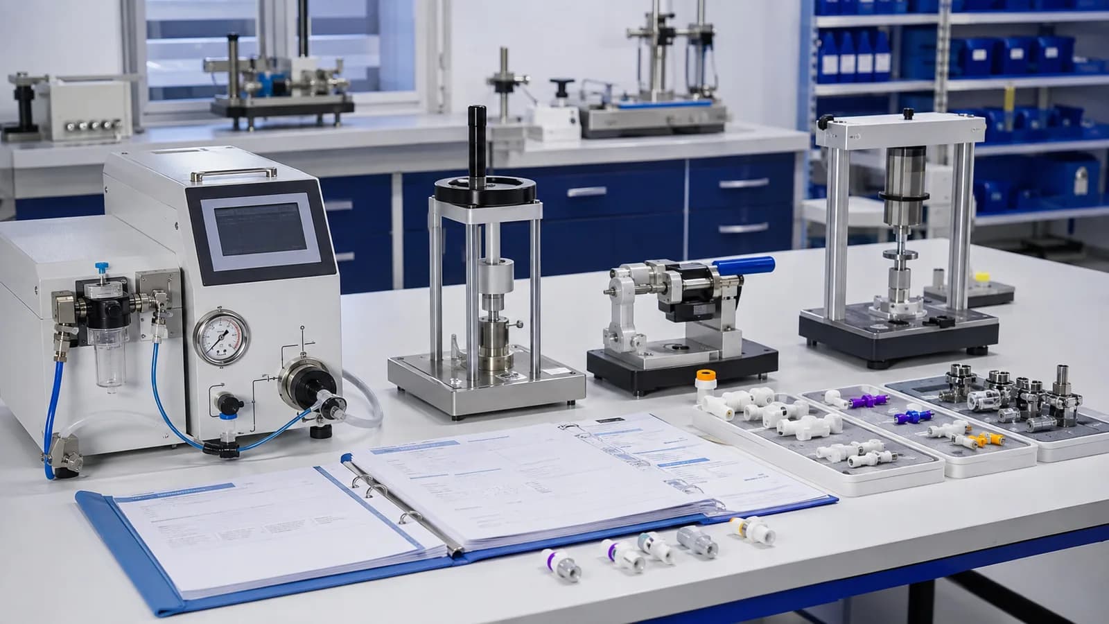 ISO 80369 laboratory capability bench with leakage, force, torque and dimensional routes