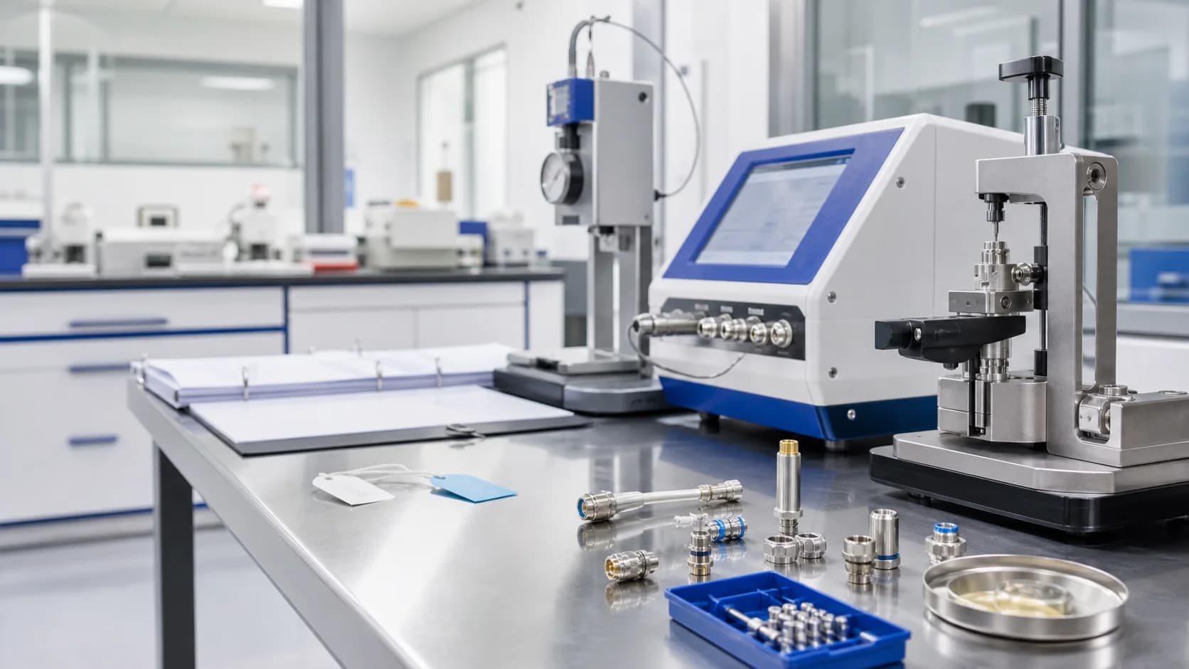 Medical connector testing laboratory with reference products fixtures and measurement equipment