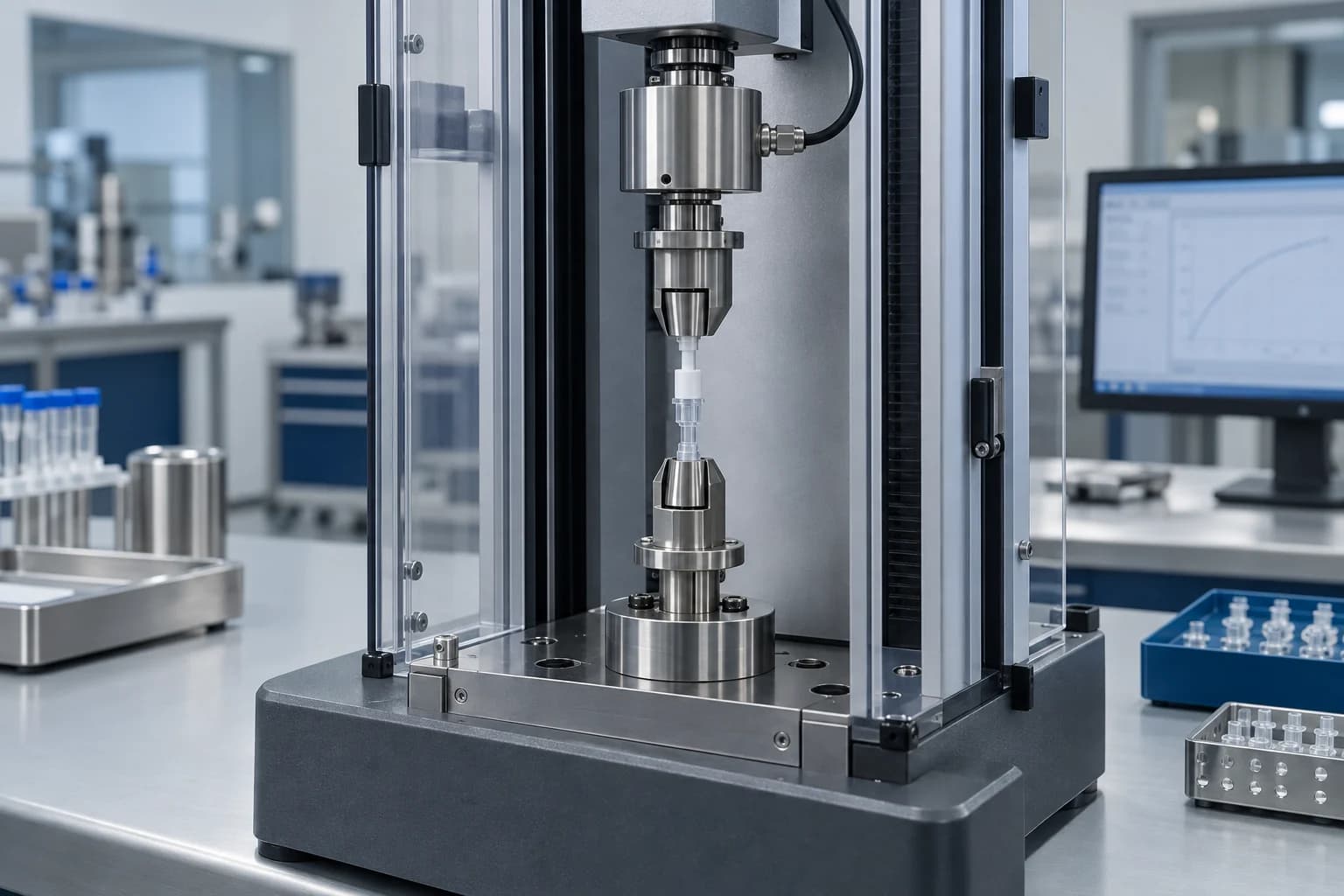 Axial-load separation test stand with a connector held in precision fixtures