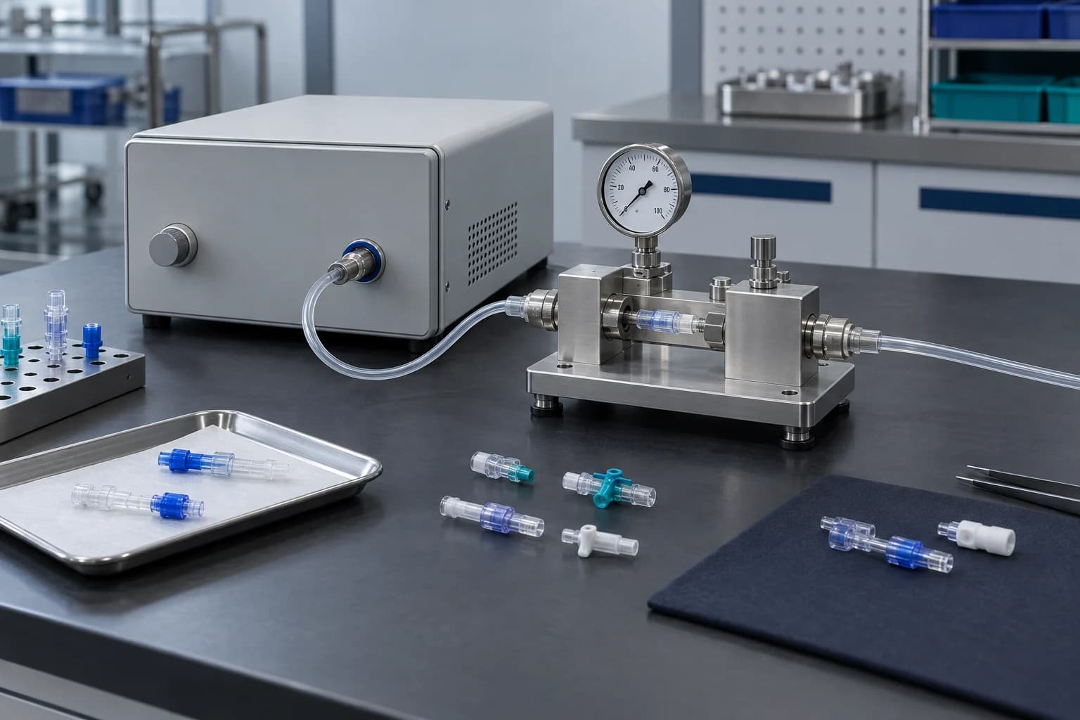 Pressure-decay leakage verification bench with connector fixture and measurement hardware