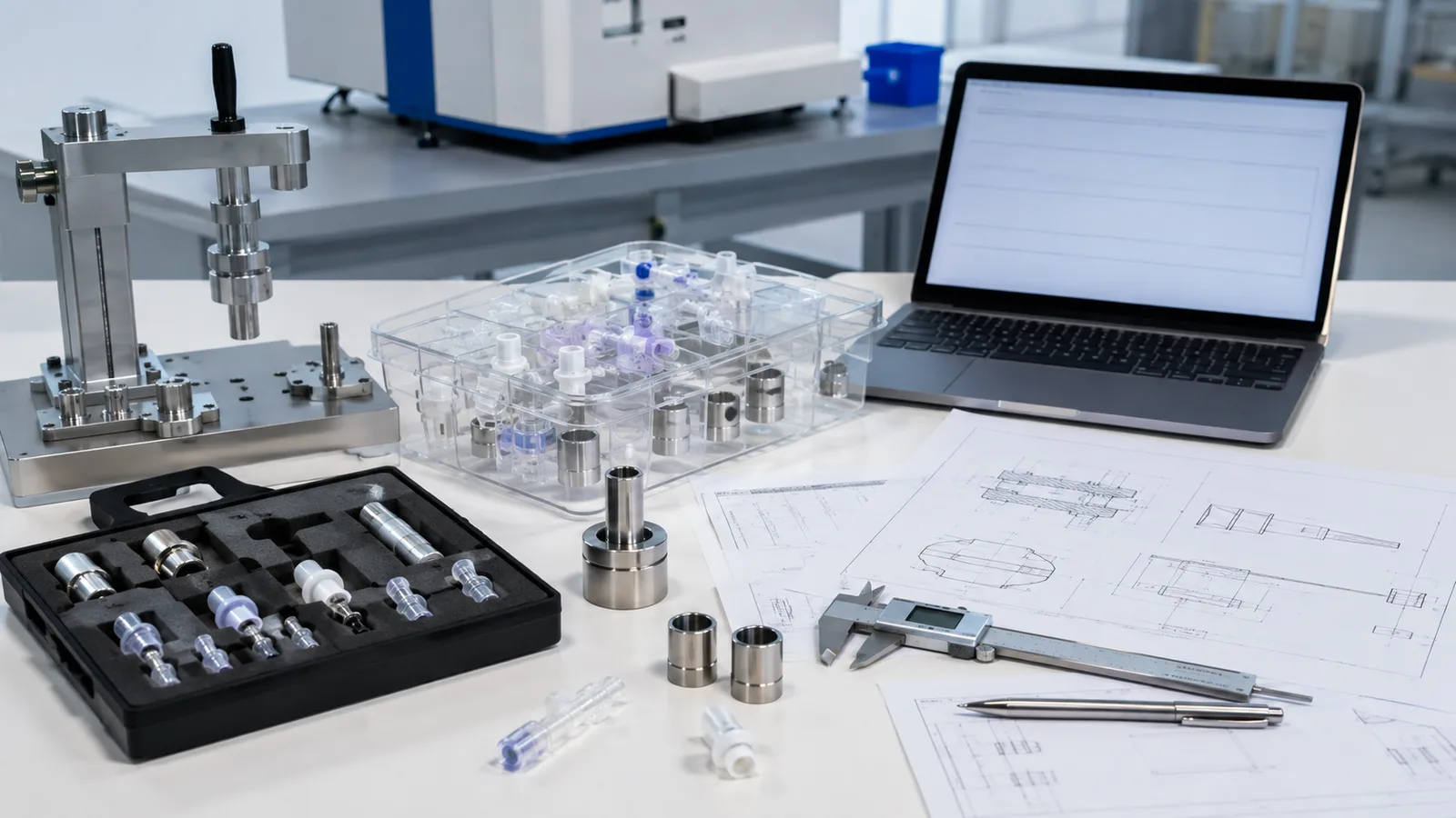 KingPo ISO 80369 connector quotation review bench with gauges, fixtures and drawings