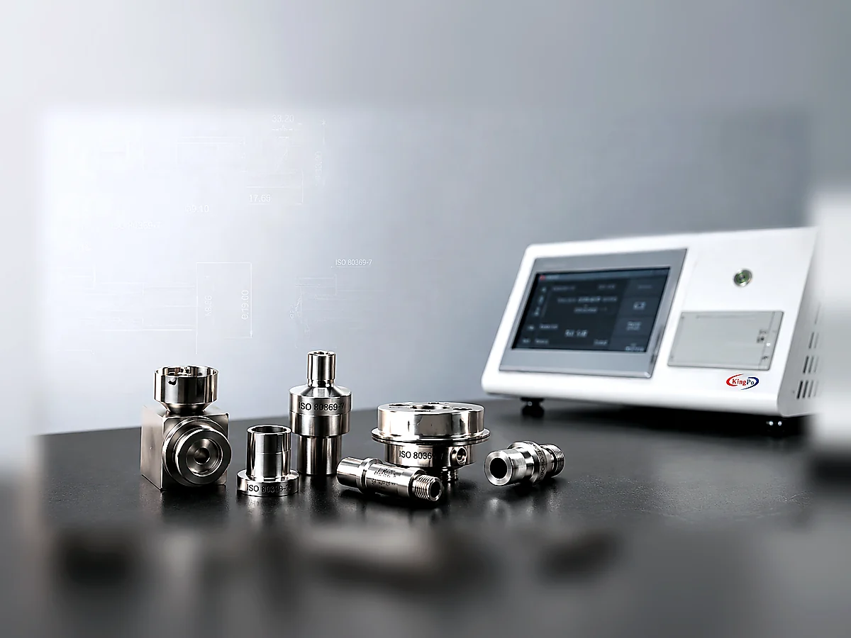 ISO 80369 leakage test equipment family with pressure source, fixture and connector workflow
