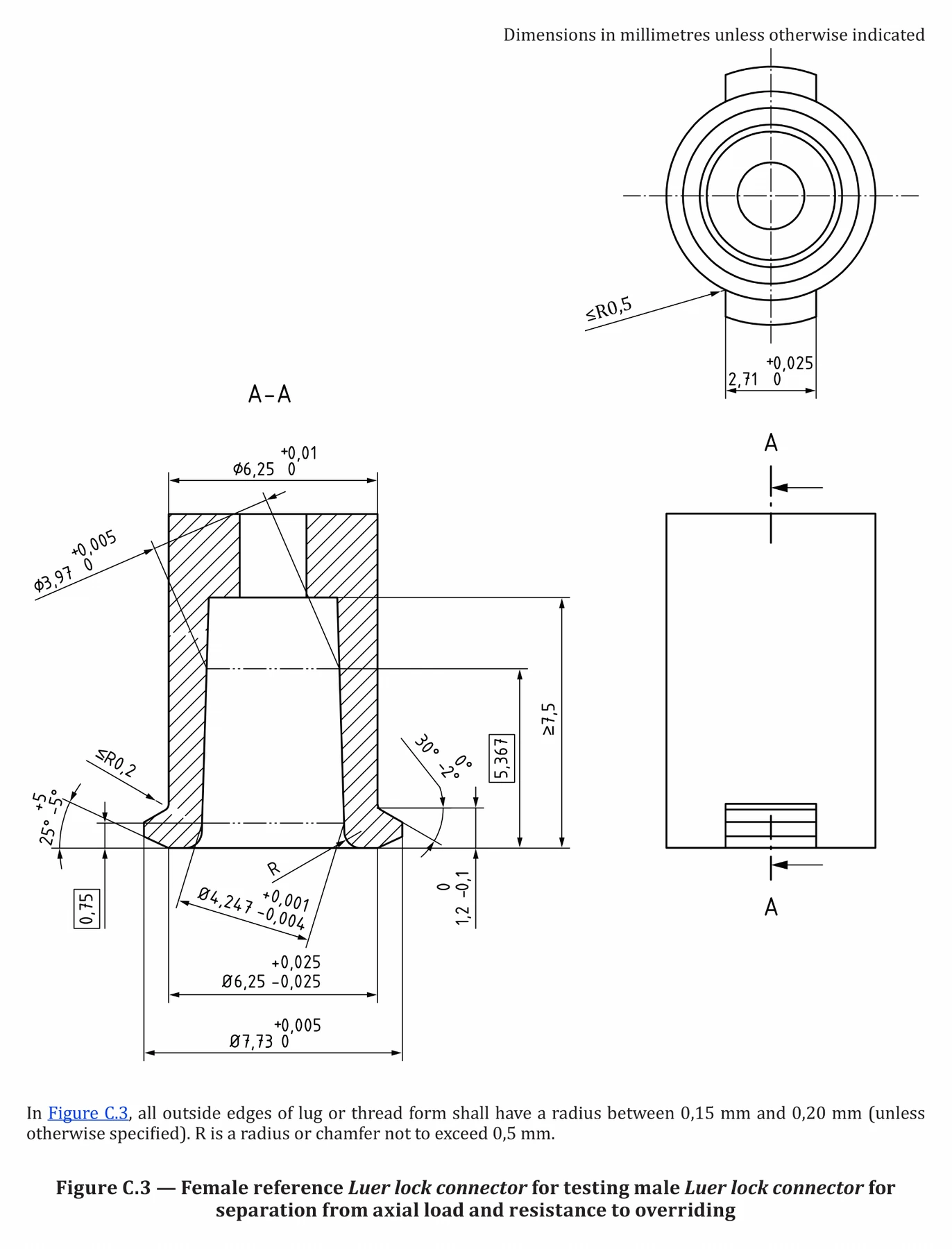 ISO 80369-7 Figure C.3 Female Axial-Load Reference Luer Lock Connector standard figure drawing for Figure C.3